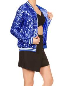 Chaqueta de manga larga con cremallera frontal y puños acanalados, con lentejuelas, para mujer, ideal para fiestas - azul real - Ver 4