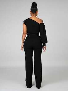 Women's Summer Elegant Solid Color Asymmetric Neck Tie Waist Modest Slim Fit Jumpsuit - Black - View 2