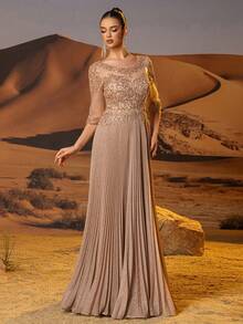 闪亮半袖褶裥正式礼服，适合婚礼宾客；A字长款精致蕾丝晚礼服，饰有亮片和手工串珠贴花；优雅的新娘母亲礼服，伴娘礼服；正式晚礼服，后背拉链；舞会礼服；适合婚礼宾客、毕业典礼、晚宴、情人节等场合。 - 藕粉色 - 查看 6