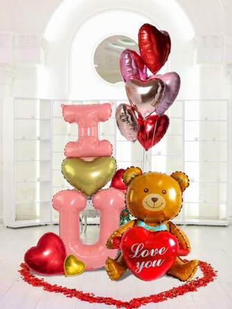 1pc/11pcs Valentine's Day Balloons Decoration Set, Including 1pc Connected Love Foil Balloon, 1pc Plush Love Teddy Bear, Heart Shaped Foil Balloons, Suitable For Valentine's Day Anniversary, Confession, Engagement, Proposal Party, Birthday, Romantic Decor