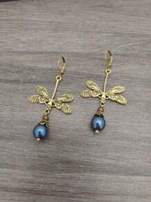 1 Paire De Boucles D'oreilles Crochets Pendentifs Style Bohémien Vintage Libellule & Perles Vertes Fausses Pour Femmes, Cadeau De Bijoux Pour Fêtes Et Voyages