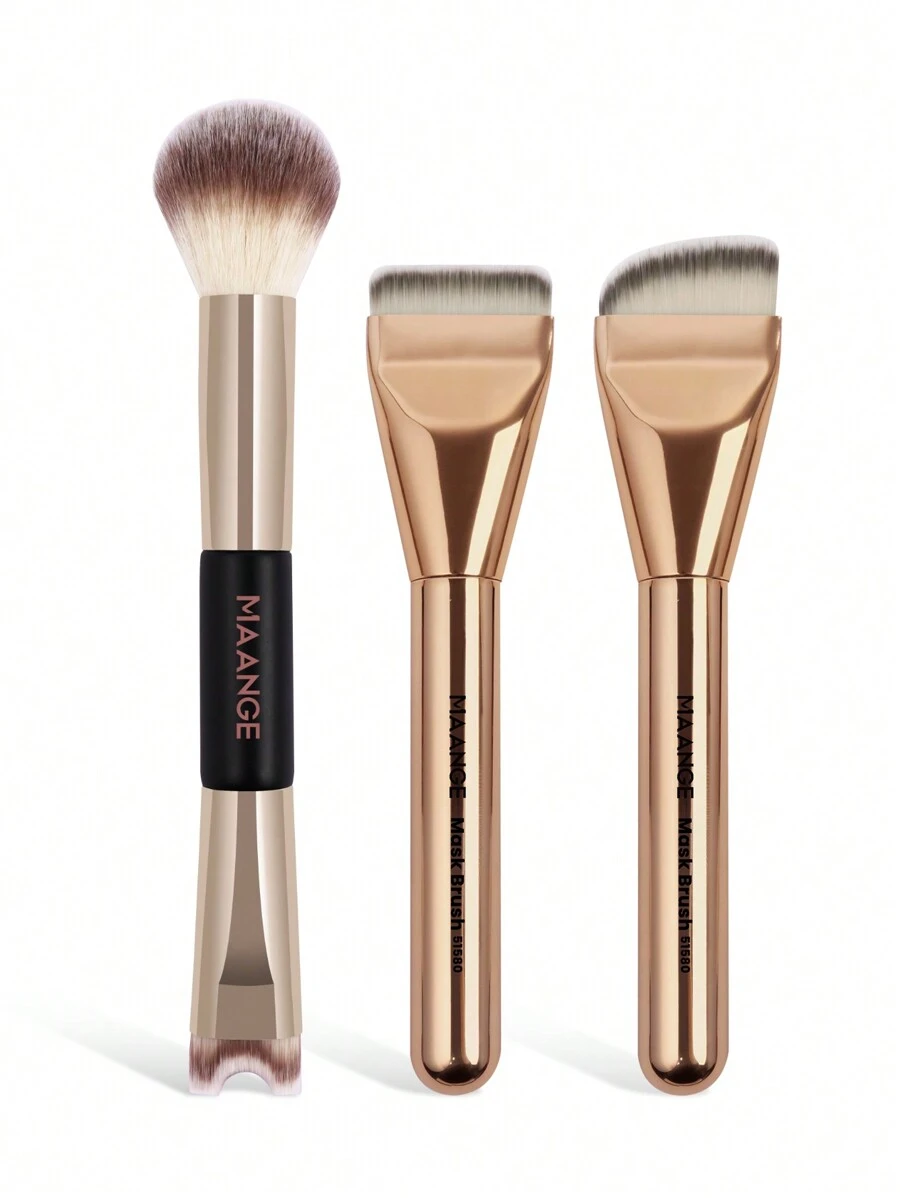 MAANGE 3件套专业化妆刷套装，包含平头和斜头粉底刷、双头散粉刷、腮红刷和鼻影刷，刷毛柔软，方便携带，适合旅行，是送给女性和女孩的理想礼物。套装包含各种化妆刷，是完整的化妆套装、化妆刷套装、化妆礼品套装、赠品、专业化妆刷和完整化妆套装。