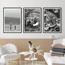 Juego de pósteres de arte de pared de moda, 1/3/6 unidades, en blanco y negro, glamorosos, de lujo y modernos con bola de espejos de champán, decoración de pared de lienzo para sala de estar y dormitorio (sin marco)