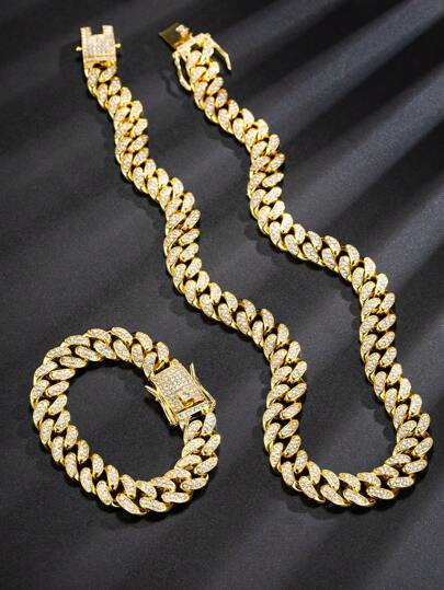 2 件/套不锈钢金色水钻项链和手链，男士嘻哈首饰套装