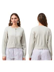 Women's Crop Knit Cardigan Solid Color Crew Neck Button Down Long Sleeve Tops For Fall Winter