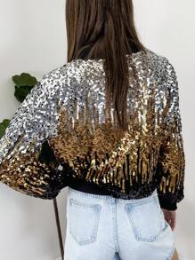 Womens Sequin Long Sleeve Front Zip Jacket With Ribbed Cuffs Bomber For Party - Z-Bạc-Vàng-Đen - Xem 2