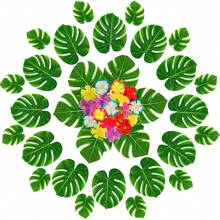 Tropical Palm Leaves Hibiscus Flowers Artificial Plant Turtle Leaf For Hawaiian Luau Jungle Wedding Summer Party Table Decor (The Color Of The Flowers Is Random), Valentine's Day, Gift Gifts Birthday Graduation