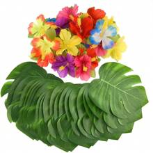 Tropical Palm Leaves Hibiscus Flowers Artificial Plant Turtle Leaf For Hawaiian Luau Jungle Wedding Summer Party Table Decor (The Color Of The Flowers Is Random), Valentine's Day, Gift Gifts Birthday Graduation