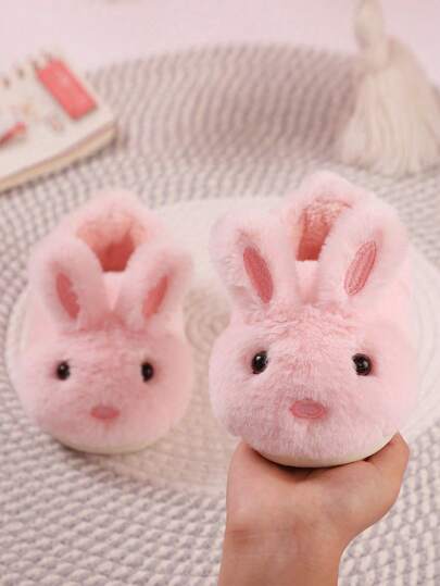 Kids' Cute Pink Bunny Ears Slipper, Winter Cartoon Home Shoe For Indoor Keeping Warm