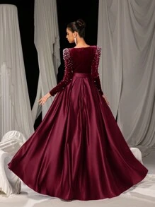 Faeriesty 珍珠细节斜襟领天鹅绒紧身胸衣对比缎下摆扣带礼服，派对礼服，婚礼宾客礼服，晚礼服