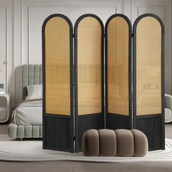 4 Panel Room Dividers And Folding Privacy Screens, Hand-Made Rattan Room Divider With Bi-Directional Hinge, Pre-Assembled Wood Room Divider Wall For Home Office Bedroom, Hotel Decorations