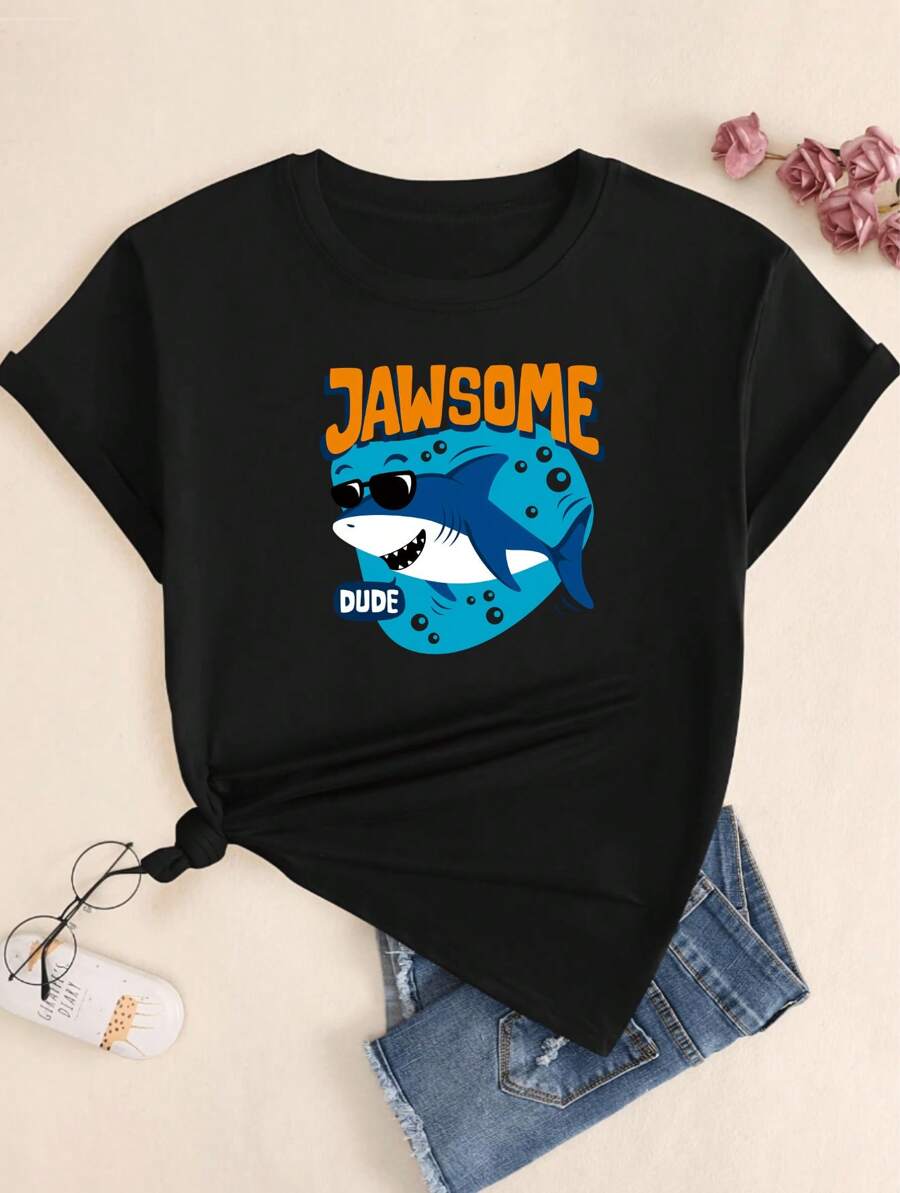 Cartoon Shark T-Shirt Cotton Comfort Printed T-Shirt Elegant Soft - màu đen - Xem 1