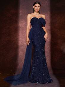 Váy đuôi cá ống xẻ tà không tay sequin, thích hợp cho tiệc, đám cưới, tiệc cocktail - Màu xanh hải quân - Xem 5