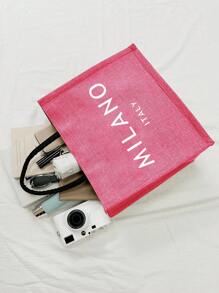 1 Set Linen Tote Bag & Pouch, Includes 1 "Milano Italy" Printed Tote Bag And 1 Printed Pouch, Personalized Gift Packaging, Coarse Linen Tote Bag - Hot Pink - View 2