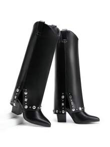 Western Cowgirl Boots For Women Pointed Toe Fold Over Knee High Boots Pull On Zipper Chunky Heel Comfortable Party Cowboy Boots - 黑色 - 查看 2