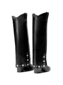 Western Cowgirl Boots For Women Pointed Toe Fold Over Knee High Boots Pull On Zipper Chunky Heel Comfortable Party Cowboy Boots - 黑色 - 查看 7
