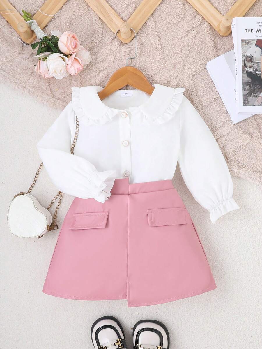 Conjunto de blusa blanca con cuello de volantes y falda asimétrica para niñas, conjunto lindo para el otoño/invierno - Rosa - Ver 1
