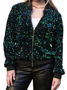 Women's Sparkly Sequin Jacket Glitter Long Sleeves Front Zip Up Bomber Jacket With Ribbed Cuffs - màu xanh lá - Xem 1