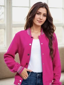 Women's Lightweight Baseball Jacket - Versatile Stitching Fabric Outerwear With Multi-Fabric Options And Unique Patterns - Deep Rose Red - View 3