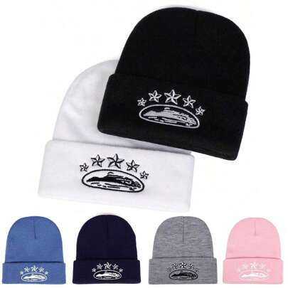 1 pezzo Berretto a maglia da uomo con ricamo a stella pentagonale, cappello caldo e alla moda, elemento di moda per attività all'aperto invernali, cappello invernale per outfit autunnali