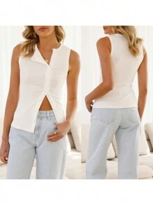 Camisetas sin mangas acanaladas para mujer, camisa informal de verano de color sólido con botones, sin mangas, chaleco básico, ropa estética para ropa de calle - Blanco - Ver 2