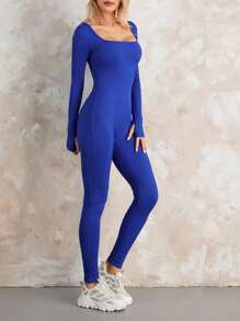 Women Fashion Wild Jumpsuits Solid Color Square Neck Long Sleeve Long Rompers Spring Autumn Fashion One-Piece Clothes - Blue - View 6