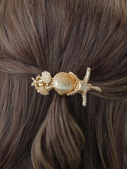 مشبك شعر على شكل نجمة البحر والصدفة من السلسلة البحرية المعدنية، مشبك ربيعي بسيط ومتعدد الاستخدامات لتسريحة الذيل النصفي، قطعة رأس ذهبية