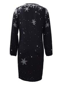Christmas Tree Graphic Print V-Neck Long Sleeve Dress, Autumn/Winter - Black and White - View 2