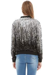 Womens Sequin Long Sleeve Front Zip Jacket With Ribbed Cuffs Bomber For Party - Black and Silver - View 2