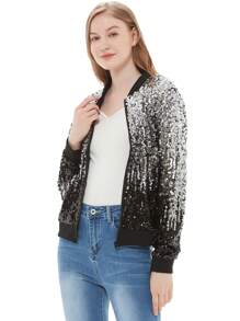 Womens Sequin Long Sleeve Front Zip Jacket With Ribbed Cuffs Bomber For Party - Black and Silver - View 5