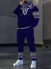 1set Men's Fashionable Casual Print Hoodie Set