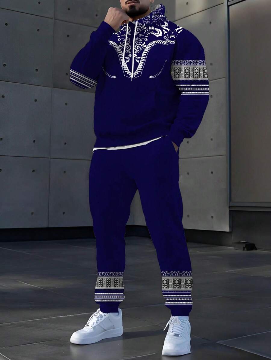 1set Men's Fashionable Casual Print Hoodie Set