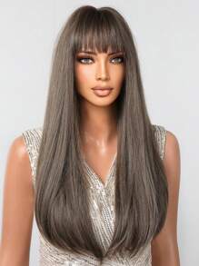 Black Long Straight Wigs For Women, Natural Black Synthetic Wigs With Bangs, Elegant Beautiful Natural Looking Heat Resistant Synthetic Wig Daily Party Use - 棕色 - 查看 4