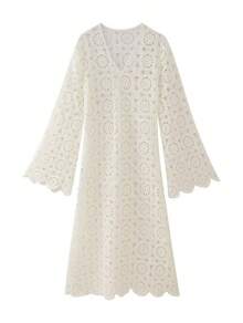 Women Crochet Lace Cover-Up Dress – Bohemian Scalloped Beachwear-White Lace Long Dress