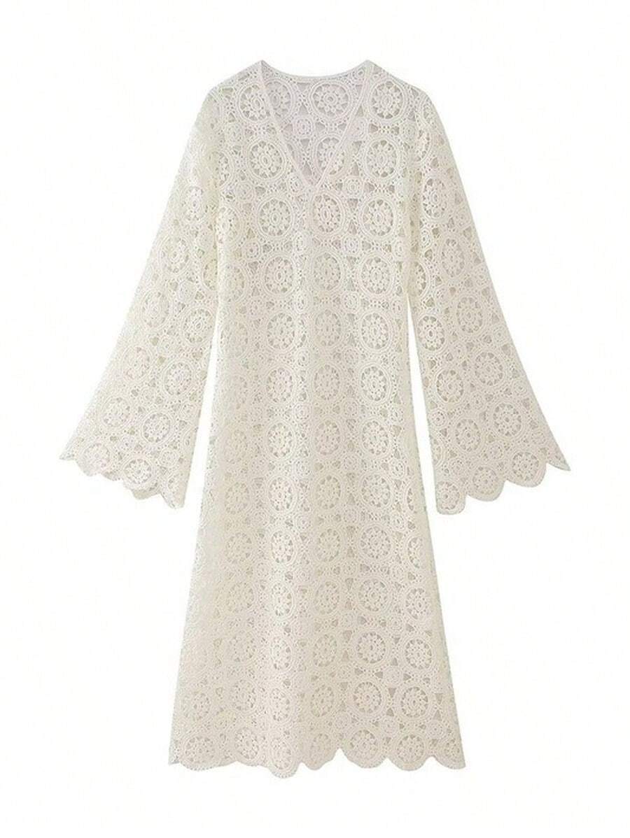 Women Crochet Lace Cover-Up Dress – Bohemian Scalloped Beachwear-White Lace Long Dress