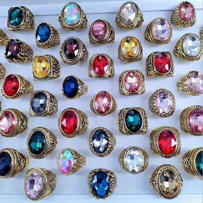 5/10/20/30/50枚装多色波西米亚风奢华合成水晶玻璃戒指套装，男女皆宜的时尚宣言戒指，创意情人节礼物，适合日常佩戴和所有季节