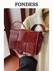 1 pieza Bolso cuadrado de mujer de punto simple en color rojo vino, versátil bolso cruzado retro definido, elegante bolso de piel tejida apto para uso diario, citas, regalo