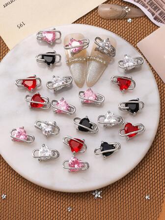 5pcs Multicolor European And American Style Colorful Paper Clip Button Heart Nail Metal Rhinestone Simple And Versatile Three-Dimensional Heart-Shaped Super Shiny Nail Decoration Copper Inlaid Y2k Metal Style DIY Nail Art Decoration Nail Flash Metal Rhinestone Luxurious And Exquisite Three-Dimensional Metal Nail Decorations, Fake Nail Decoration Accessories Nail Gems Nail Supplies Nail Charms