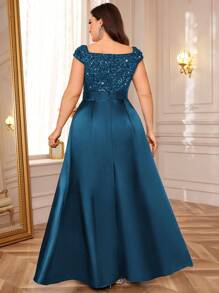 Plus Size Sequin Lace Satin Slit Evening Dress, Suitable For Valentine's Day, Summer, Wedding Guest, Graduation Dance, Birthday, Gala, Commencement Ceremony And Other Occasions Spring - Dusty Blue - View 3