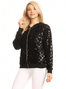 Chaqueta de manga larga con cremallera frontal y puños acanalados, con lentejuelas, para mujer, ideal para fiestas - Negro - Ver 3