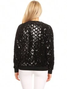 Chaqueta de manga larga con cremallera frontal y puños acanalados, con lentejuelas, para mujer, ideal para fiestas - Negro - Ver 2