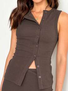 Women Ribbed Tank Tops Casual Summer Solid Color Button Up Sleeveless Shirt Basic Vest Aesthetic Clothes For Streetwear - Dark Grey - View 4