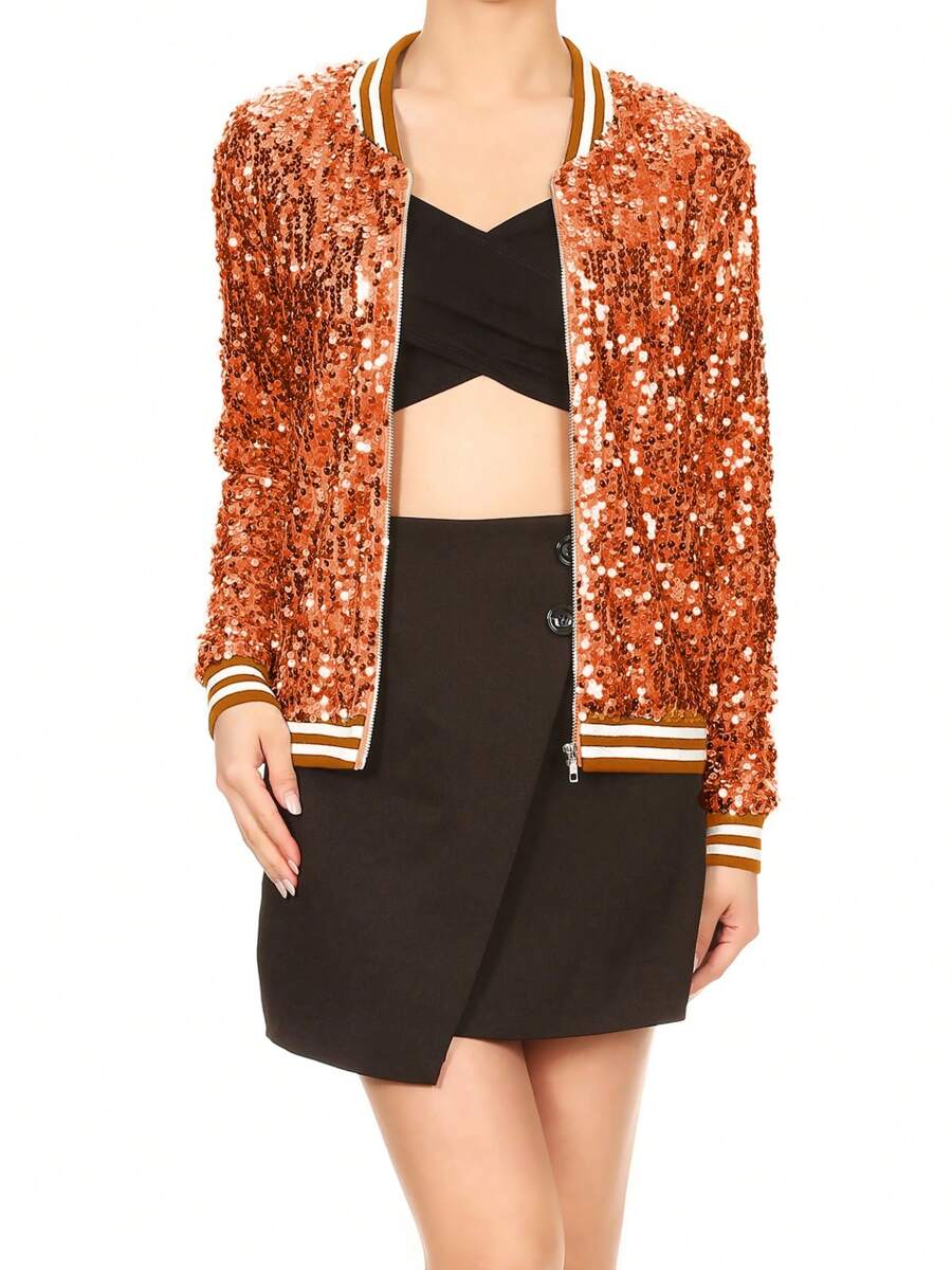 Womens Sequin Long Sleeve Front Zip Jacket With Ribbed Cuffs Bomber For Party - 橘色 - 查看 1