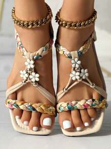 Boho Beaded Flat Sandals, Suitable For Outerwear - Beige - View 5