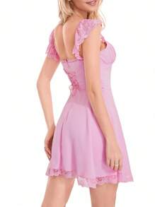 Womens Vintage A-Line Dress, Short Sleeve Ruched Bust Solid Color Flowy Mini Dress - Pink - View 8