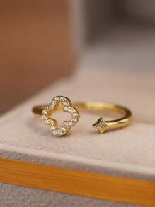 1 Elegant And Unique Sterling Silver Cubic Zirconia Hollow Four Leaf Clover Open Ring, Suitable As A Gift For Women And For Daily Wear - Yellow - View 6