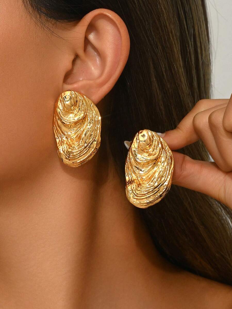 2pcs Fashionable Sea Life Themed Chunky Jewelry Earrings Set, Including Heart Shaped Shells, Gold Shells, Crystal Embellished Shells, Gold Starfish, Seashells, Water Drop, Fish, Wave, Face, Geometric Shapes, Asymmetrical Textured & Grooved Surface Zinc Alloy Gold Plated, Suitable For Party & Daily Wear - Gold - View 1