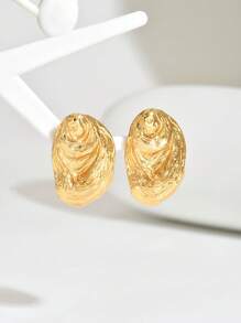 2pcs Fashionable Sea Life Themed Chunky Jewelry Earrings Set, Including Heart Shaped Shells, Gold Shells, Crystal Embellished Shells, Gold Starfish, Seashells, Water Drop, Fish, Wave, Face, Geometric Shapes, Asymmetrical Textured & Grooved Surface Zinc Alloy Gold Plated, Suitable For Party & Daily Wear - Gold - View 2