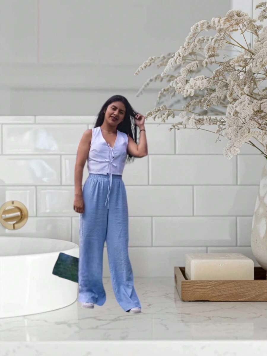 Women's Tranckpants Wide Leg Pants With Elastic Waistband Blogger Princess - 藍色 - 查看 1