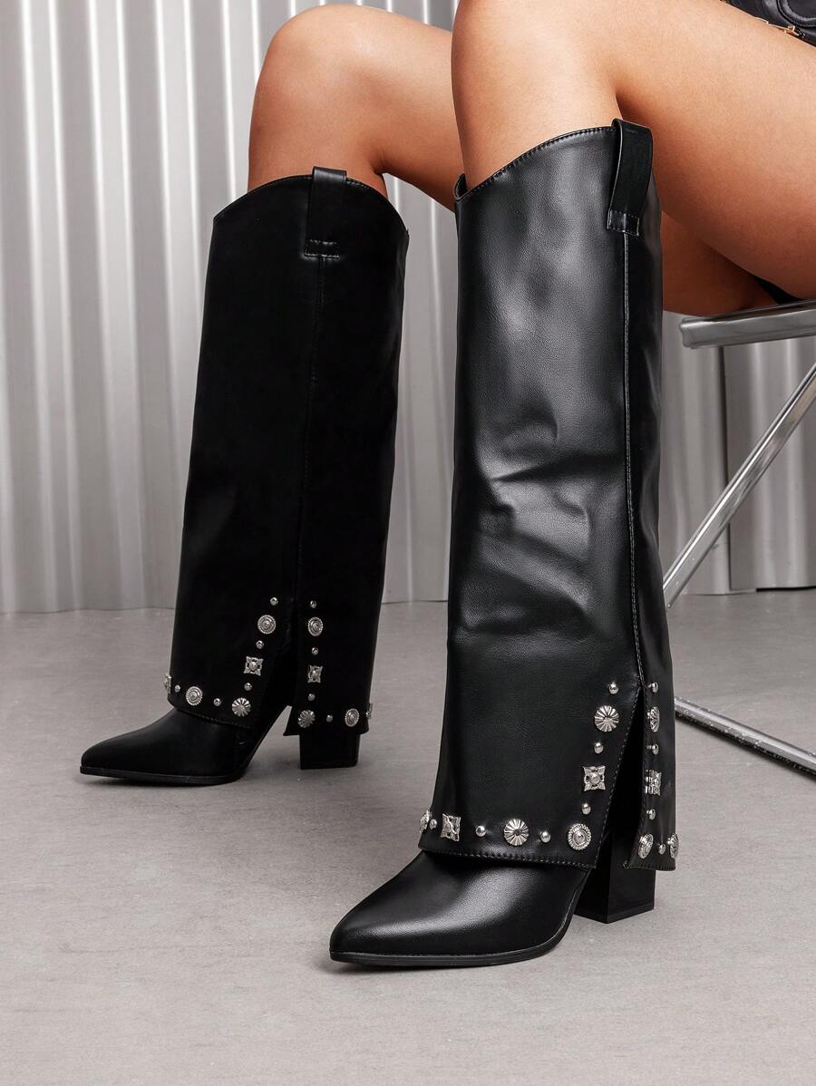 Western Cowgirl Boots For Women Pointed Toe Fold Over Knee High Boots Pull On Zipper Chunky Heel Comfortable Party Cowboy Boots - 黑色 - 查看 1